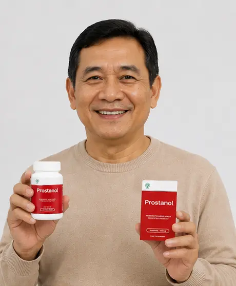 Pria dewasa tersenyum memegang botol dan kotak Prostanol